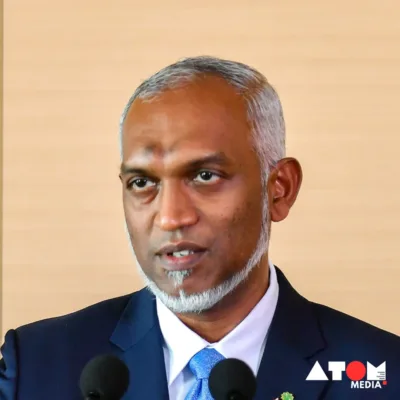 Maldivian President Mohamed Muizzu participates in the parliamentary election by casting his vote at a polling station in Mali, Maldives.