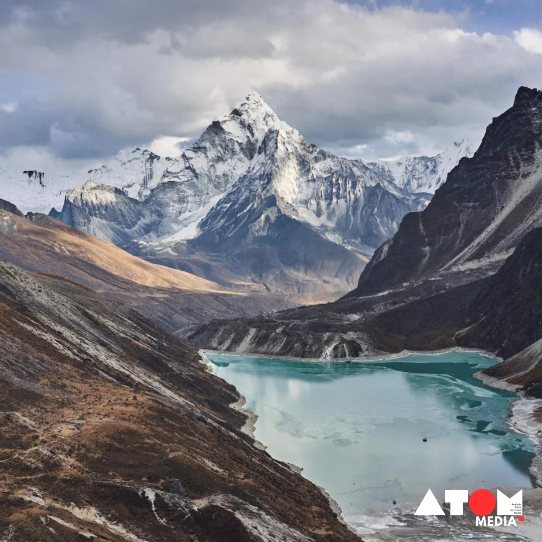 The satellite image depicts the growth of glacial lakes, a consequence of climate change, posing risks of Glacial Lake Outburst Floods (GLOFs) in the Himalayas.