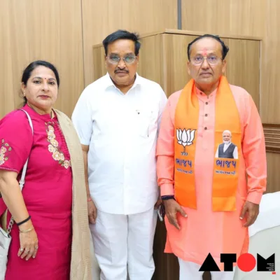 Gujarat BJP president CR Paatil congratulates Mukesh Dalal on his uncontested victory in the Surat Lok Sabha constituency, symbolizing the party's success in the electoral battleground.