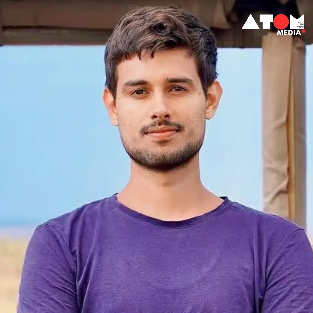 The image depicts Dhruv Rathee delivering insights into brainwashing tactics in his widely-viewed video. He delves into the stages of misinformation, urging viewers to take action against falsehoods.