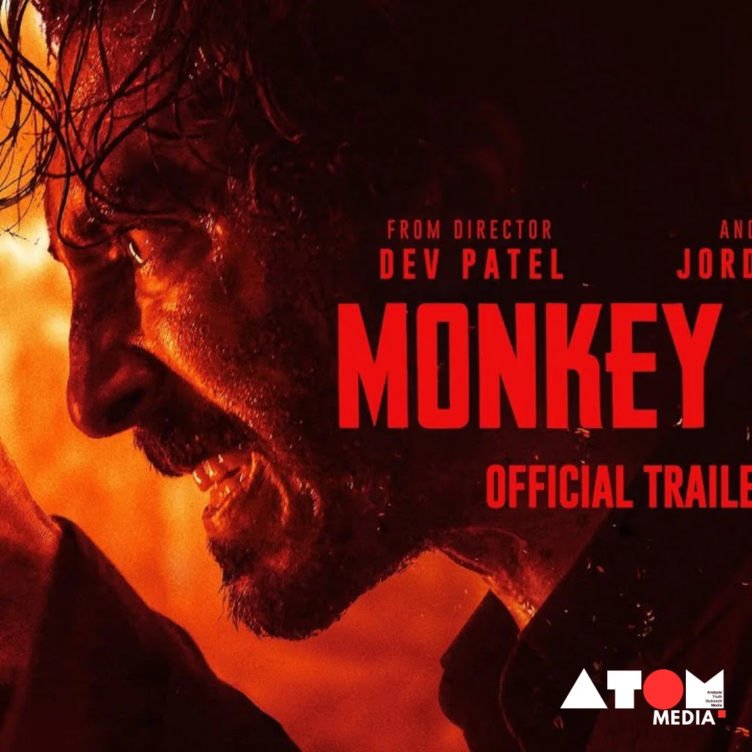 Dev Patel, dressed in character, portrays the protagonist in Monkey Man, a film that explores the intersection of mythology and action in a dystopian setting.