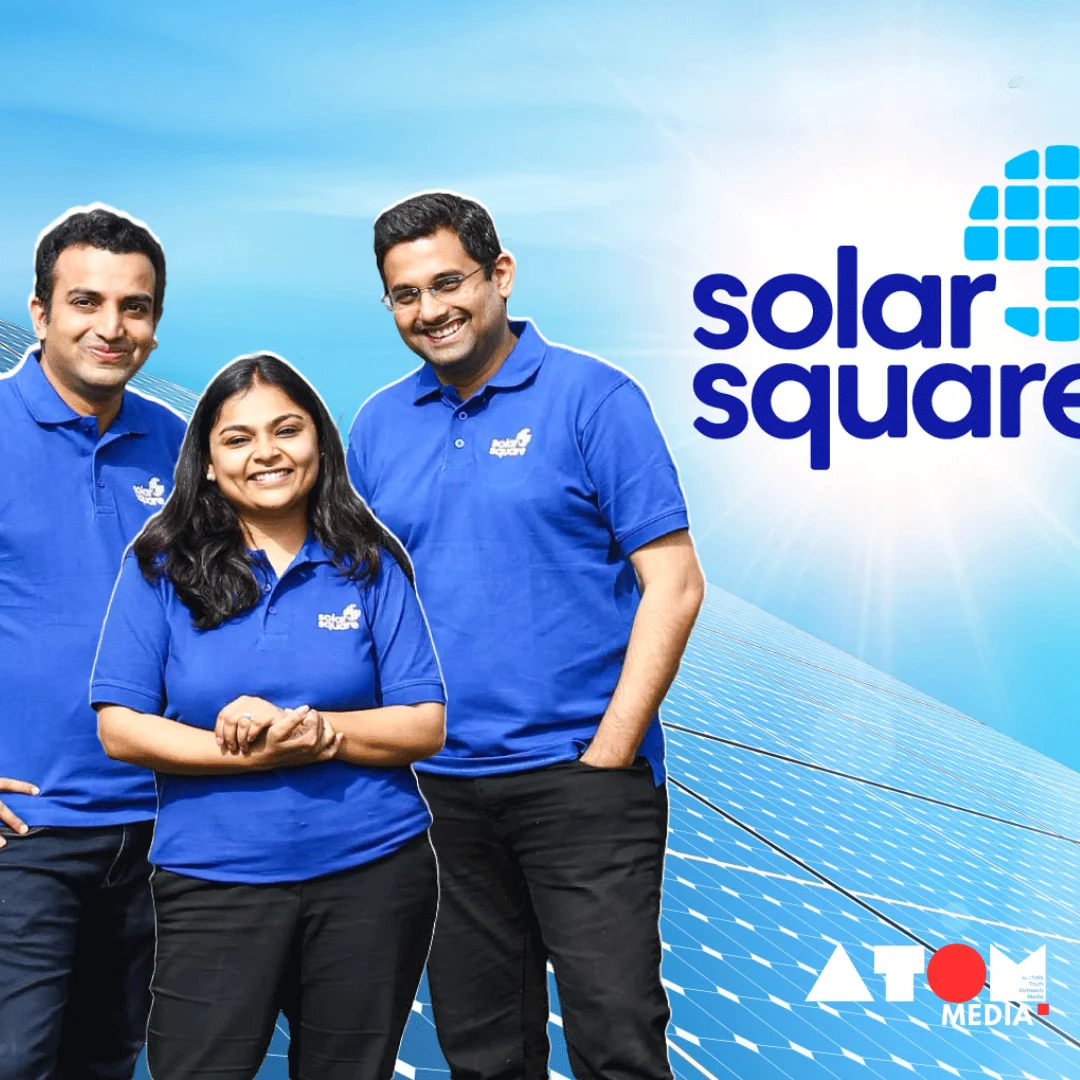 SolarSquare founders Neeraj Jain and Nikhil Nahar with a rooftop solar installation, representing their commitment to sustainable energy solutions.