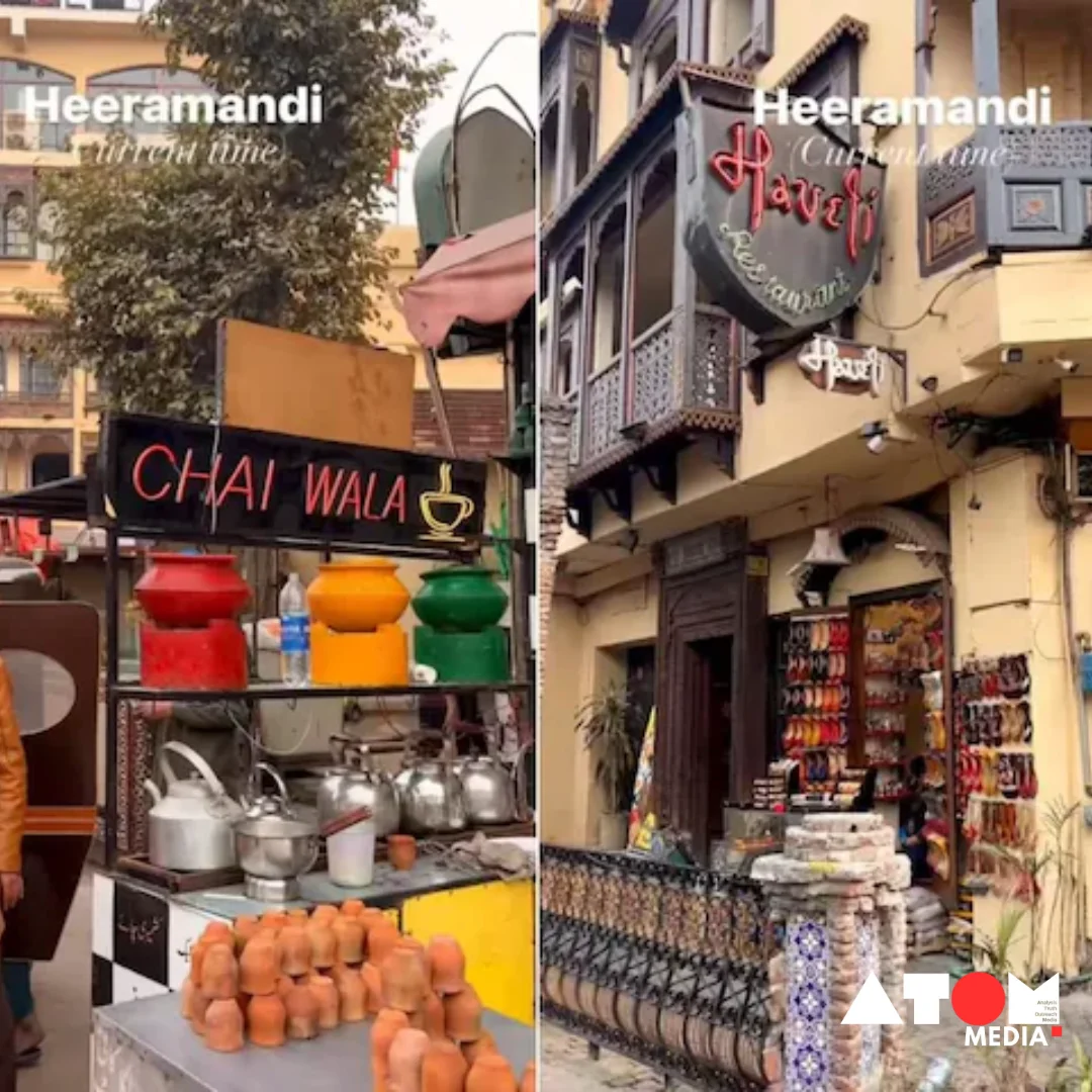 The image captures the lively atmosphere of Heera Mandi, with local vendors selling tea, pakoras, and nuts amidst architectural marvels and bustling streets."
