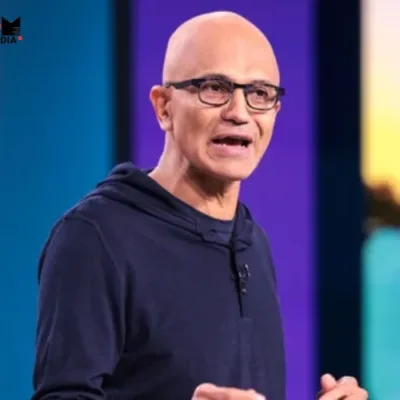 A split image showing Satya Nadella speaking at a conference on one side and an Indian farmer using a smartphone in his field on the other side.