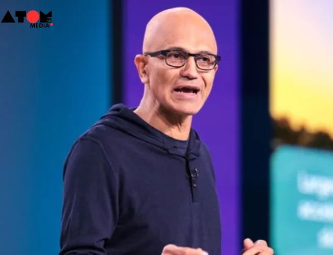 A split image showing Satya Nadella speaking at a conference on one side and an Indian farmer using a smartphone in his field on the other side.