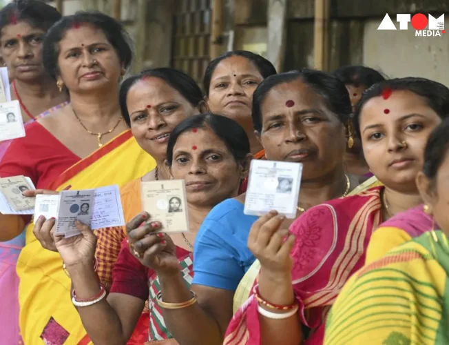 Women standing in line to vote at a polling station in Maharashtra during the 2024 Lok Sabha elections.