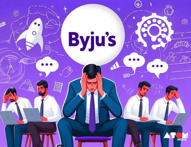 Former Byju's employees gather outside company headquarters demanding resolution for unpaid dues amidst internal turmoil.