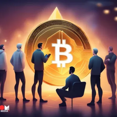 Bitcoin and blockchain technology symbols with financial growth chart.