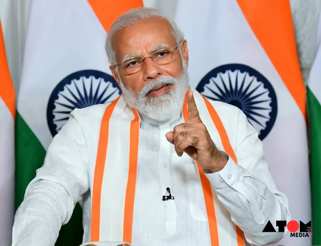 Prime Minister Narendra Modi addressing a gathering of startup founders and business leaders, reaffirming the government's commitment to fostering entrepreneurship and innovation.