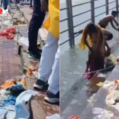 The image accompanying the article depicts the iconic Har Ki Pauri ghat in Haridwar, India, marred by heaps of plastic waste scattered across the steps. The scene captures the environmental degradation and neglect, with devotees visible amidst the litter, offering prayers despite the surrounding filth.