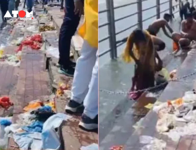 The image accompanying the article depicts the iconic Har Ki Pauri ghat in Haridwar, India, marred by heaps of plastic waste scattered across the steps. The scene captures the environmental degradation and neglect, with devotees visible amidst the litter, offering prayers despite the surrounding filth.