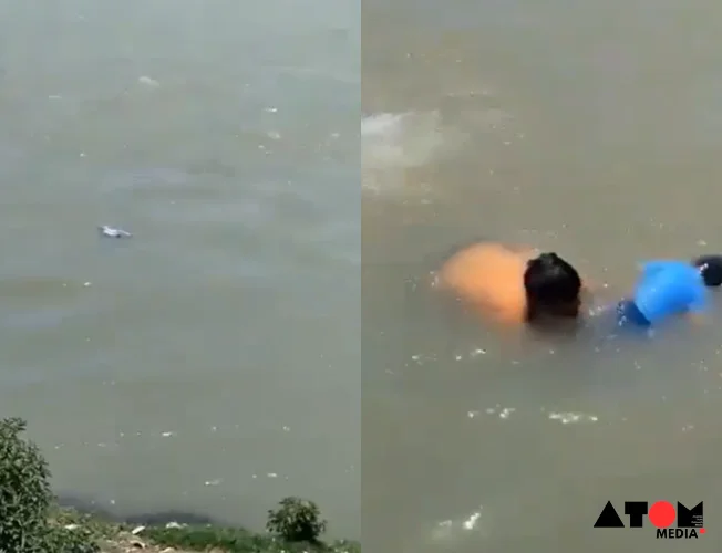 Locals rescuing a 7-year-old boy from drowning in the Jhelum River in Srinagar