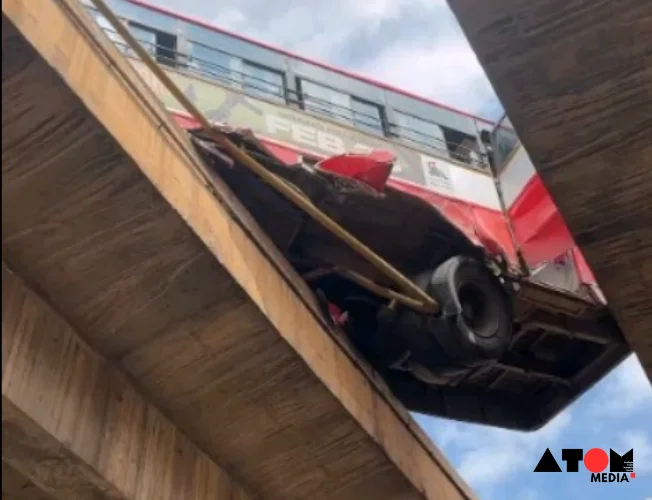 KSRTC bus hanging between flyovers after accident on Bengaluru-Tumakuru highway"