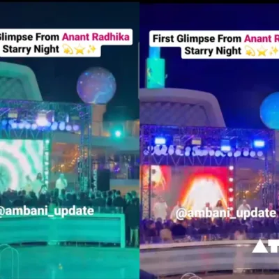 Anant Ambani and Radhika Merchant celebrate their pre-wedding bash on a luxurious cruise in Europe. The image shows the couple surrounded by guests, possibly dancing or enjoying a performance.