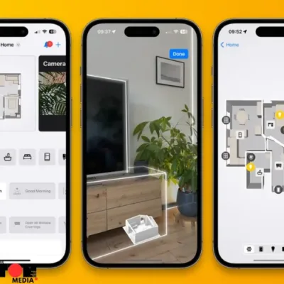 A screenshot of the Controller for HomeKit app showcasing a 3D model of a home. The model displays furniture and rooms, with icons representing smart home devices like lights and thermostats.