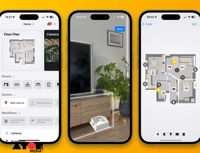 A screenshot of the Controller for HomeKit app showcasing a 3D model of a home. The model displays furniture and rooms, with icons representing smart home devices like lights and thermostats.