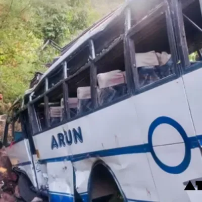 The damaged bus after it plunged into a gorge following a terrorist attack in Reasi district, Jammu and Kashmir. (PTI)