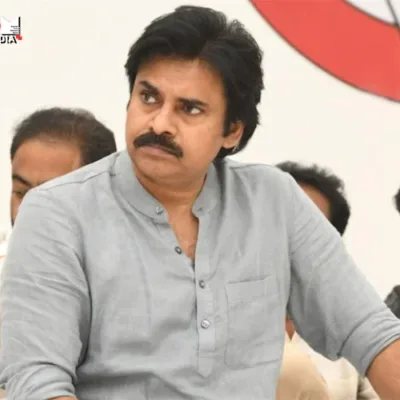 Pawan Kalyan addressing a crowd at a political rally in Andhra Pradesh.