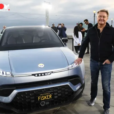 Henrik Fisker with the Fisker Ocean electric vehicle at the Manhattan Beach Pier.