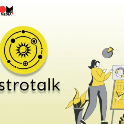 A smartphone screen displaying the Astrotalk app logo, with a person looking at the screen thoughtfully.