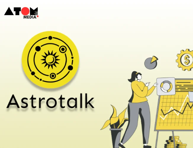 A smartphone screen displaying the Astrotalk app logo, with a person looking at the screen thoughtfully.