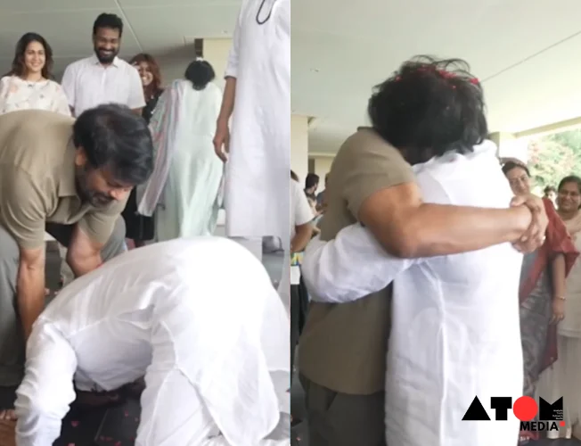 Pithapuram MLA Pavan Kalyan Garu receiving blessings from his elder brother, Chiranjeevi, with other family members, celebrating his historic victory.
