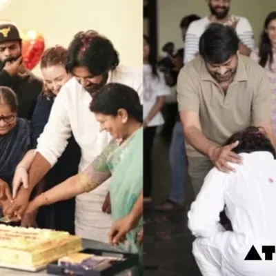 Pawan Kalyan touches Chiranjeevi's feet while celebrating his election victory with family members including Ram Charan and Varun Tej.