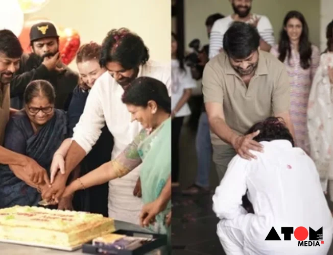 Pawan Kalyan touches Chiranjeevi's feet while celebrating his election victory with family members including Ram Charan and Varun Tej.