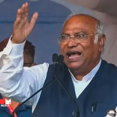 Mallikarjun Kharge and Priyanka Gandhi Vadra addressing the media in New Delhi."