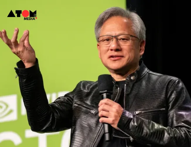A headshot of Jensen Huang, CEO of Nvidia, with a thoughtful expression.
