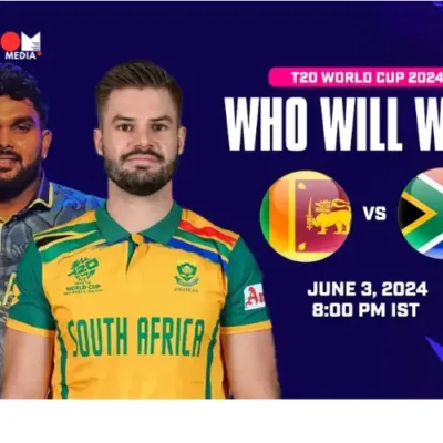 Sri Lanka and South Africa cricket players face off during the T20 World Cup 2024 match. (Important: Update the alt text to describe the specific image content)