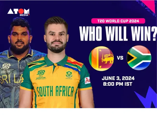 Sri Lanka and South Africa cricket players face off during the T20 World Cup 2024 match. (Important: Update the alt text to describe the specific image content)