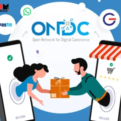 A network graphic with lines and nodes, symbolizing connections between buyers, sellers, and product categories on the ONDC platform.