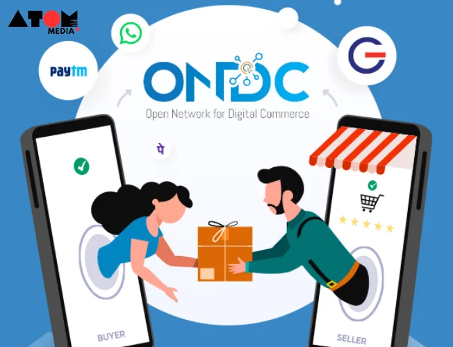 A network graphic with lines and nodes, symbolizing connections between buyers, sellers, and product categories on the ONDC platform.
