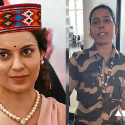 Kangana Ranaut surrounded by security officers at Chandigarh Airport