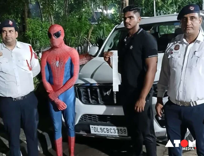 A man dressed as Spider-Man was arrested in Delhi for riding on the bonnet of a car. The incident was caught on video and went viral, prompting a strong response from Delhi Traffic Police.